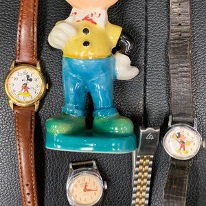 4 MICKEY MOUSE WALT DISNEY 2 INGERSOLL TIMEX WATCH Lot + 5” FIGURINE & Lorus